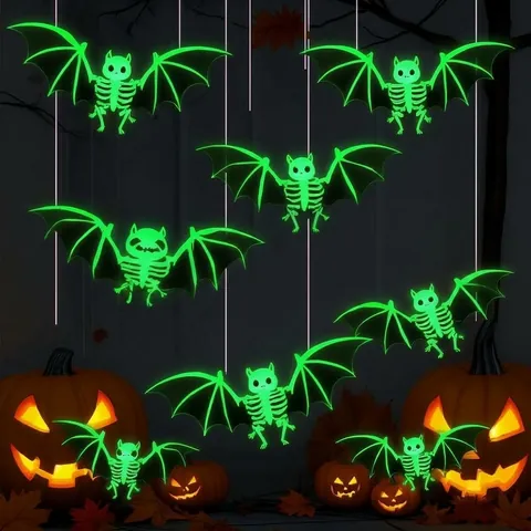 Halloween Luminous Skeleton Bat Hanging Decoration Fluorescent Green Glow Bat Ornament For Haunted House Party Props