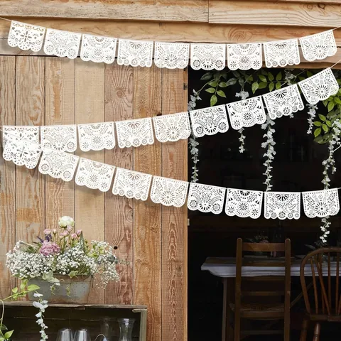 Μεξικάνικο Στυλ Papel Picado Λευκό Πλαστικό Διάτρητο Λάβαρο Για Εξωτερική Διακόσμηση Γάμου Πάρτι Γεωμετρικές Γιρλάντες