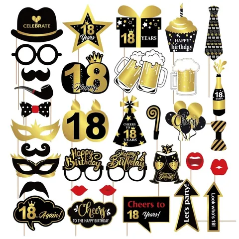 Black Gold Birthday Party Photo Booth Props Handheld Celebration Decorations Anniversary Photography Accessories Set