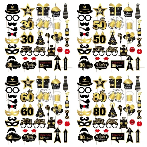 Black Gold Birthday Party Photo Booth Props Handheld Celebration Decorations Anniversary Photography Accessories Set