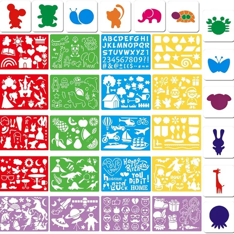 Ensemble de 32 Pochoirs de Dessin en Plastique pour Enfants Modèles de Peinture Éducatifs Lavables pour Animaux Fruits Océan Dinosaures Fournitures d'Art