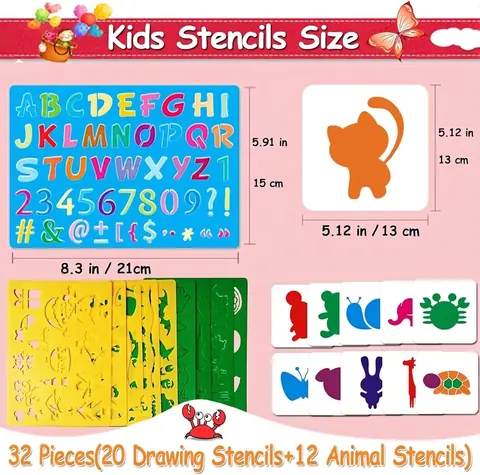 Ensemble de 32 Pochoirs de Dessin en Plastique pour Enfants Modèles de Peinture Éducatifs Lavables pour Animaux Fruits Océan Dinosaures Fournitures d'Art