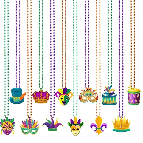 Ensemble de Colliers de Fête Mardi Gras Collier de Perles Électroplaquées Multicolores Avec Pendentifs en Feutre Masque Couronne Fleur de Lys Bijoux
