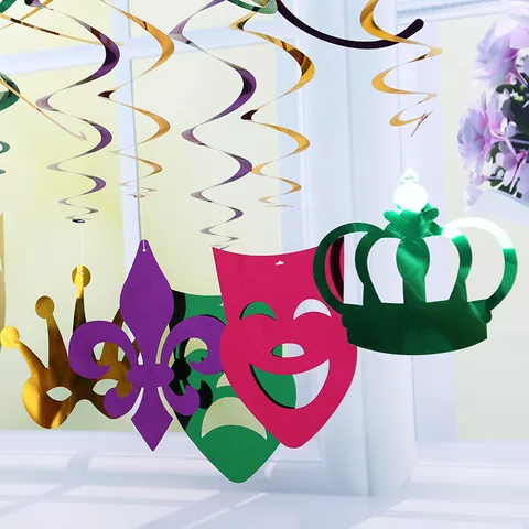 Décorations de Fête de Mardi Gras Spirales en PVC Pendentifs Couronne Fleur de Lys Masque Ornement Suspendu Festif pour Carnaval Fête Maison