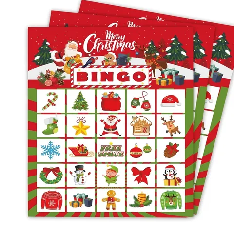 Ensemble de Cartes de Jeu de Bingo de Noël en Carton Blanc Activité de Fête Festive Motif Père Noël Renne Jeux de Vacances Multijoueur