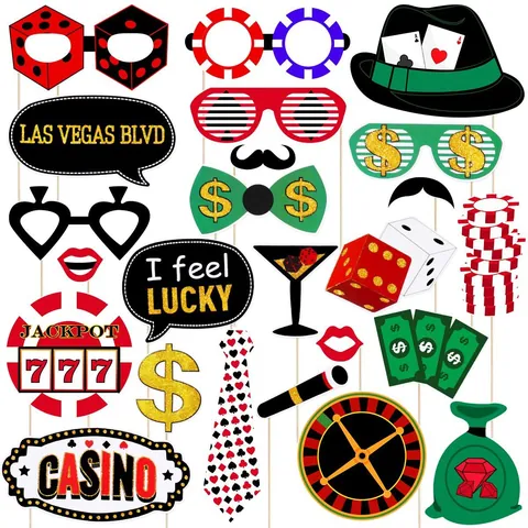 Kit Accessoires Photo Booth Casino Las Vegas Cartes Papier Pailleté Poker Dés Signe Dollar Décorations Fête Anniversaire