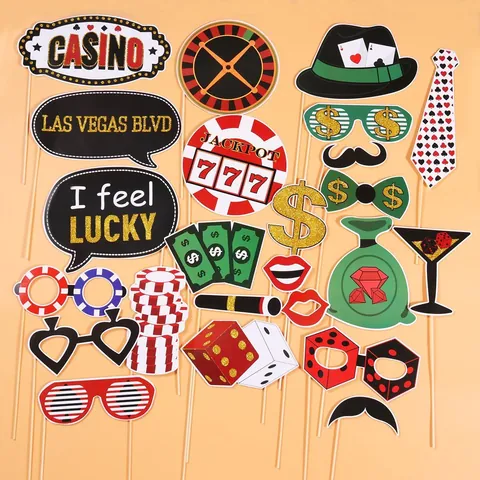 Kit Accessoires Photo Booth Casino Las Vegas Cartes Papier Pailleté Poker Dés Signe Dollar Décorations Fête Anniversaire