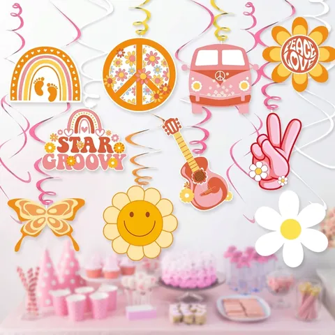 Décorations de Fête à Thème Hippie Rétro Années 60 70 Spirales Suspendues Fleur Arc-en-ciel Signe de Paix Carton Pour Anniversaire