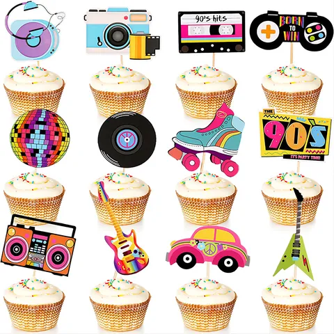 Retro 80s 90s Party Cake Toppers Spiral Hanging Decorations Neon Disco Roller Skate Radio Cassette Theme Birthday Party Supplies Cake Decor