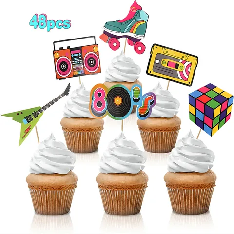 Retro 80s 90s Party Cake Toppers Spiral Hanging Decorations Neon Disco Roller Skate Radio Cassette Theme Birthday Party Supplies Cake Decor