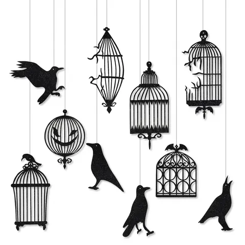 Halloween Party Black Hollow Birdcage Crow Hanging Decorations Glitter Paper Ornaments Gothic Scene Layout Home Decor