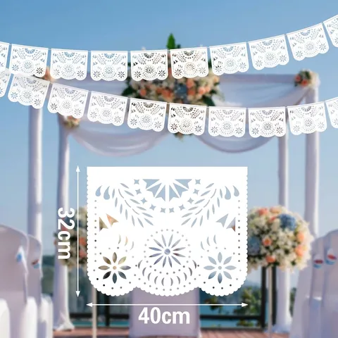 Μεξικάνικο Λευκό Σημαάκι Γάμου Papel Picado Διάτρητο Πλαστικό Banner Διακόσμηση Πάρτι Γενεθλίων Εξωτερικού Χώρου