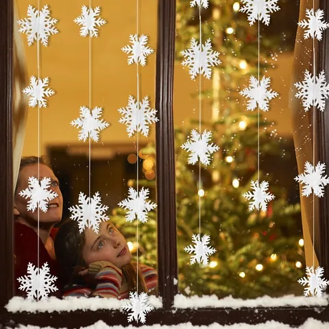 3D White Paper Snowflake String Christmas Garland Hanging Decoration For Winter New Year Shop Window Home Party Scene Layout