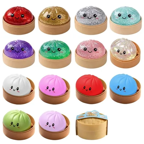 Giocattolo Squishy a Forma di Panino al Vapore Glitterato Giocattolo Antistress Con Mini Vaporiera in Morbido TPR per Bambini e Adulti
