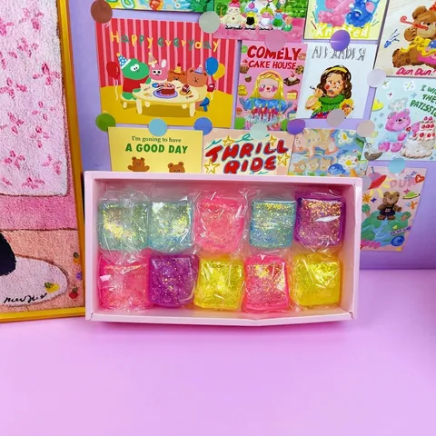 Glitter Ice Cube Squishy Stress Relief Toy Soft Colorful Translucent Sensory Squeeze Toy For Kids And Adults