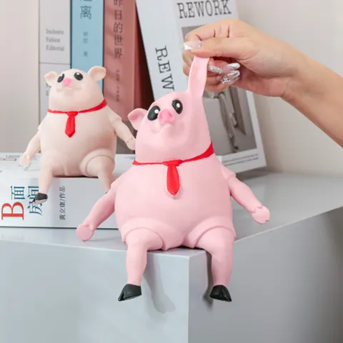 Pink Pig Squishy Toy Funny Stress Relief Squeeze Toy TPR Soft Rubber Piggy With Red Tie For Adults Kids Decompression Gift