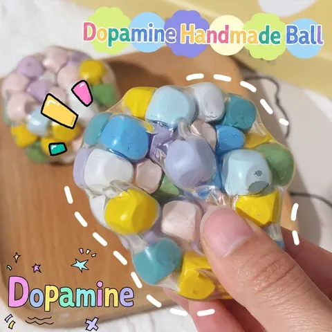 Handmade Dopamine Color Squishy Ball With Colorful Wooden Blocks Transparent TPR Stress Relief Sensory Toy For Adults Kids