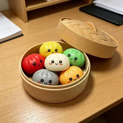 Bun Squishy Toy Set Dim Sum Steamer Fidget Stress Relief Toys Cartoon Expression Simulation Food Set For Kids Adults