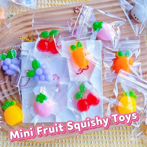 Mini Fruit Squishy Toy TPR Soft Rubber Stress Relief Fidget Pendant Strawberry Pineapple Grape Cherry Carrot Keychain