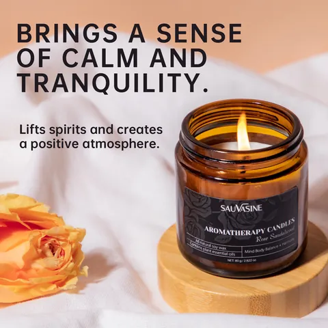 Vela Aromática de Cera de Soja Natural Rosa Sándalo Vela de Aromaterapia en Frasco de Vidrio Ámbar para Decoración del Hogar