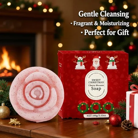 Sapone ai Fiori di Ciliegio di Natale a Forma di Rosa Fatto a Mano alla Niacinamide Detergente Viso Corpo Con Confezione Regalo Rossa