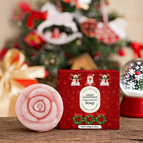 Sapone ai Fiori di Ciliegio di Natale a Forma di Rosa Fatto a Mano alla Niacinamide Detergente Viso Corpo Con Confezione Regalo Rossa