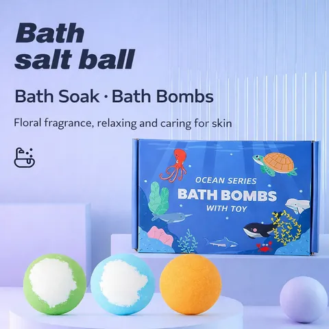 Ocean Series Bath Bomb Set With Surprise Toy Inside For Kids Natural Essential Oil Fizzy Spa Bath Salt Ball Gift Set