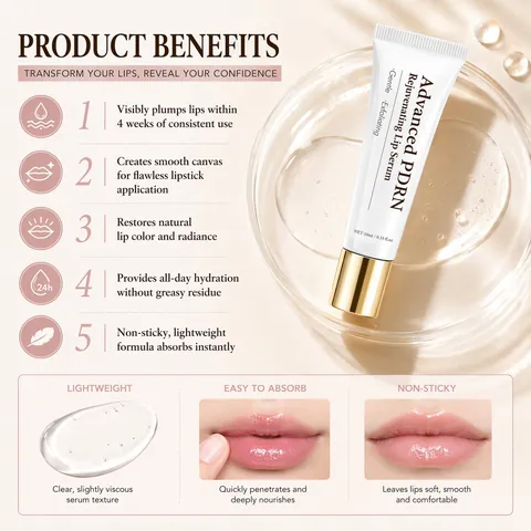Sérum Labial Rejuvenecedor PDRN Avanzado Hidratación Profunda Exfoliación Suave Sérum Reparador de Líneas de Labios para Mujer