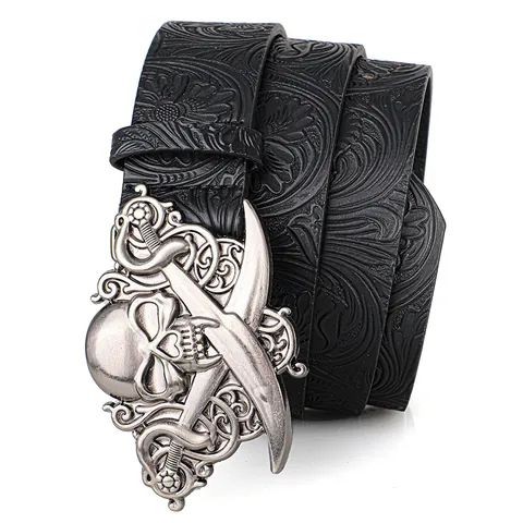 Men's Retro Punk Skull Cross Swords Buckle Belt Embossed PU Leather Gothic Waistband Pirate Style Unisex Fashion Accessory