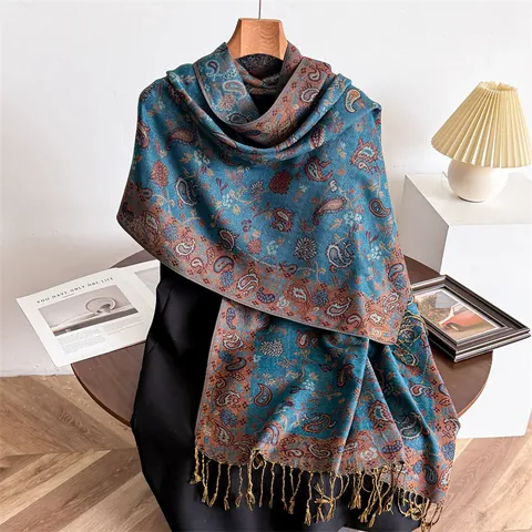 Women Vintage Paisley Jacquard Scarf Elegant Long Tassel Shawl Imitation Cashmere Soft Warm Winter Scarf For Daily Wear
