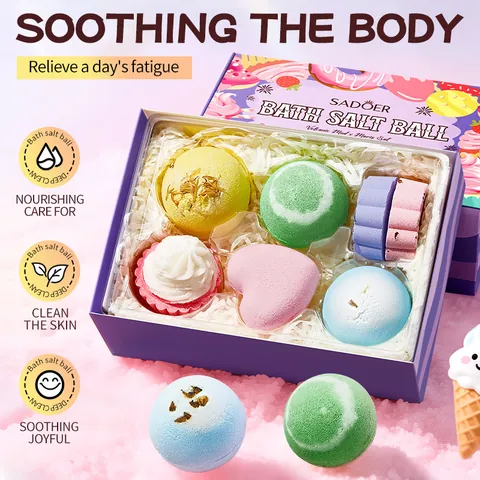 SADOER Bombe da Bagno Regalo Aromaterapia Olio Essenziale Sale Marino Fango Vulcanico Idratante Pulizia Profonda Varie Forme Natale Donut Pianeta Uovo di Dinosauro Conchiglia Cuore Frutta Donna Home Spa