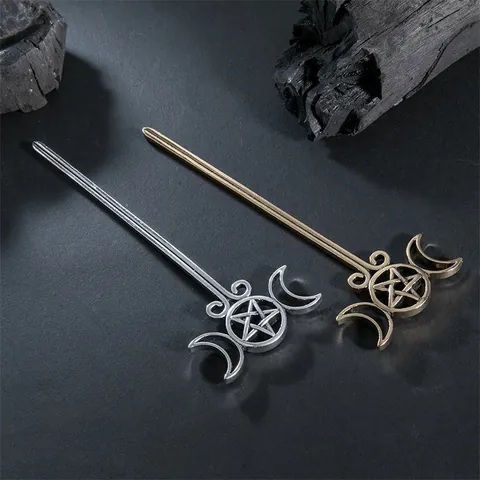Vintage Alloy Triple Moon Pentagram Hair Stick Mystical Hollow Star Moon Hairpin For Women Gothic Hair Accessories