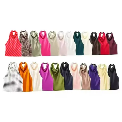 Women's Halter Cowl Neck Satin Tank Top Solid Color Sleeveless Silk-Like Cami Vest Party Clubwear Top
