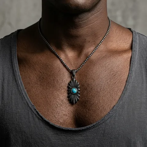 Vintage Distressed Titanium Steel Sunburst Pendant Necklace With Artificial Turquoise Radiant Sun Flower Geometric Industrial Jewelry Gift