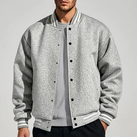 American Vintage Varsity Baseball Jacket Men Casual Loose Fit Stand Collar Single Breasted Fleece Lined Winter Coat Outerwear
