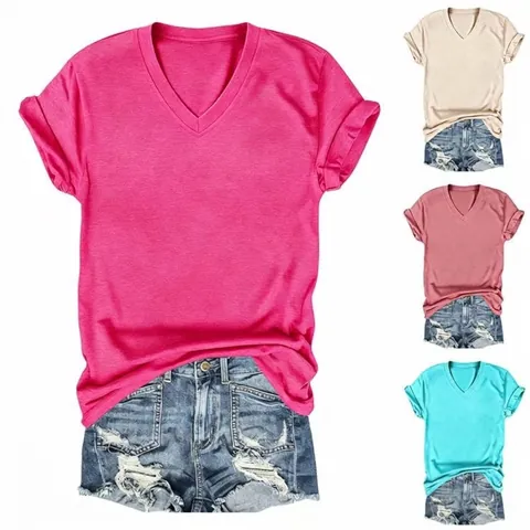Dames Casual T Shirt V Hals Korte Mouw Katoenmix Opgerolde Mouwen Zijdelingse Knoop Effen Kleur Gemêleerd Zomer Loose Fit Top