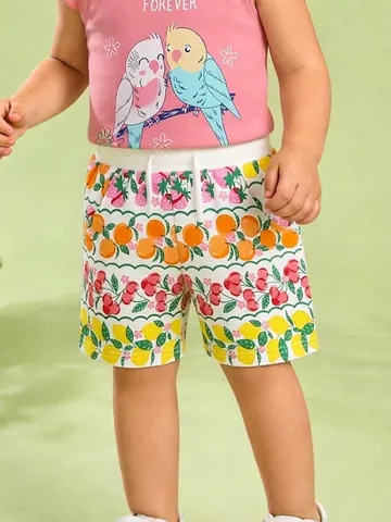 Girls Summer Cotton Shorts Fruit Print Strawberry Lemon Pattern Casual Shorts Elastic Waist Drawstring Bottoms For Kids