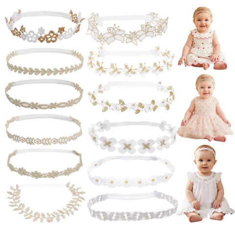 Diadema de Encaje Dorado para Bebé Niña Elástica Banda de Pelo de Princesa para Niños Accesorios de Pelo Bordados Hoja Corazón