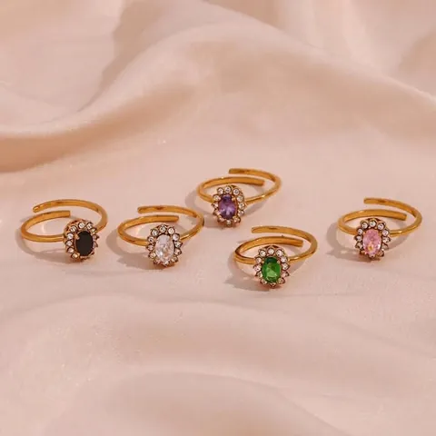 Oval Zircon Halo Ring Stainless Steel 18K Gold Plated Adjustable Opening Elegant Luxury Jewelry For Women