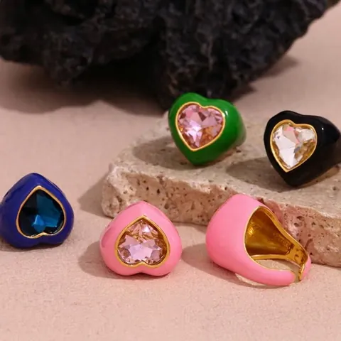 Stainless Steel Heart Shaped Enamel Open Ring For Women 18K Gold Plated Colorful Rhinestone Adjustable Fashion Ring Jewelry