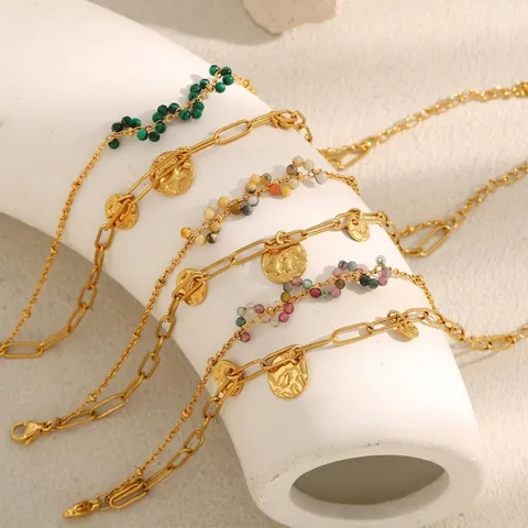 Double Layer Chain Bracelet 18K Gold Plated Stainless Steel Round Coin Pendant Colorful Beads Boho Vintage Jewelry For Women