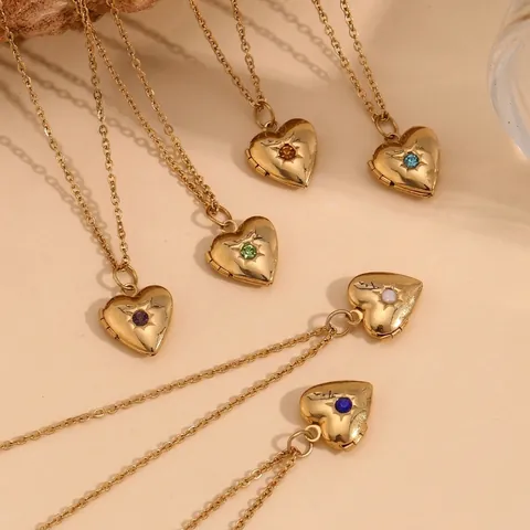 Collar Relicario Corazón Chapado En Oro 18K Acero Inoxidable Piedra De Nacimiento Pendiente Abrible Joyas Para Mujeres
