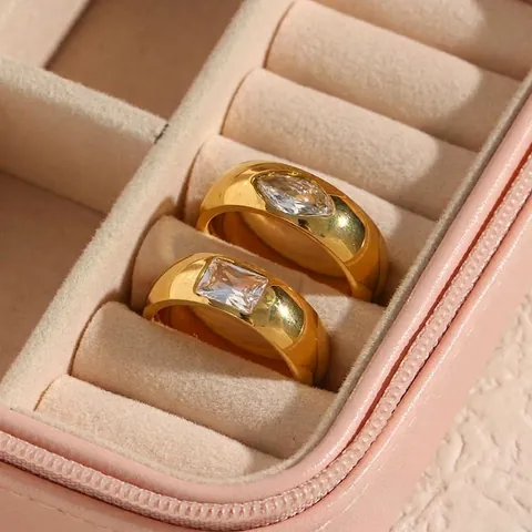 Stainless Steel Ring 18K Gold Plated Cubic Zirconia Inlaid Geometric Square Marquise Minimalist Fashion Jewelry For Women