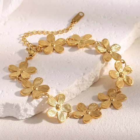 Daisy Flower Bracelet 18K Gold Plated Stainless Steel Adjustable Extension Chain Vintage Elegant Jewelry For Women