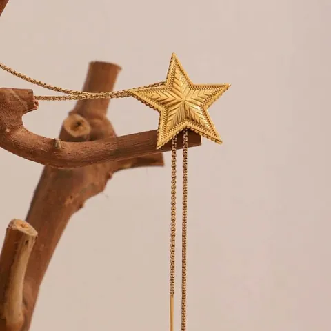 Collar Lariat Con Colgante De Estrella Texturizado De Acero Inoxidable Chapado En Oro De 18K Con Borla Larga Ajustable