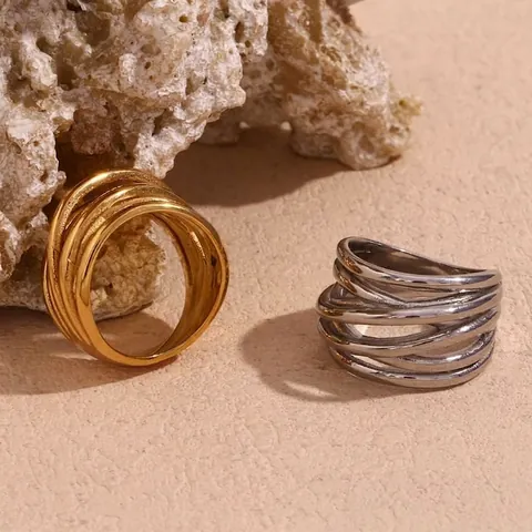 Anello Largo Placcato Oro 18K Acciaio Inossidabile Intreccio Irregolare Avvolgente Incrociato Vintage Chic Per Donna