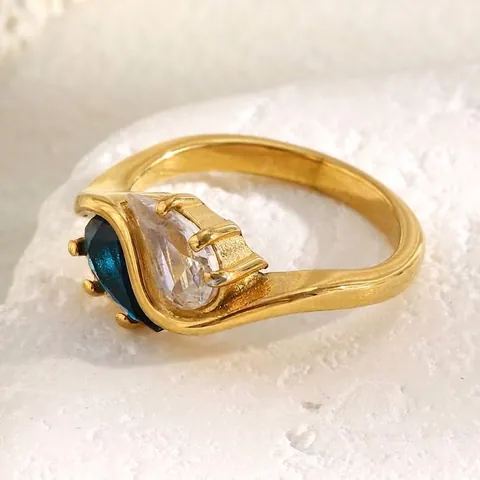 18K Gold Plated Stainless Steel Ring For Women With Blue And Clear Pear Cut Cubic Zirconia Teardrop Crossover Jewelry