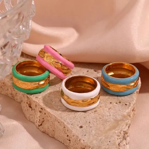 Fashion Stainless Steel Enamel Water Ripple Wave Ring 18K Gold Plated Contrast Color Wide Finger Jewelry For Women