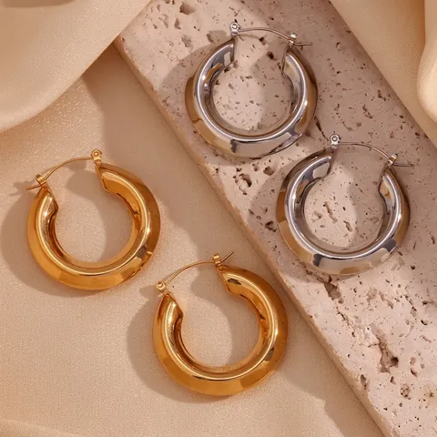 Minimalist Stainless Steel Chunky Hoop Earrings For Women 18K Gold Plated Hollow Streamline Polished Geometric Jewelry