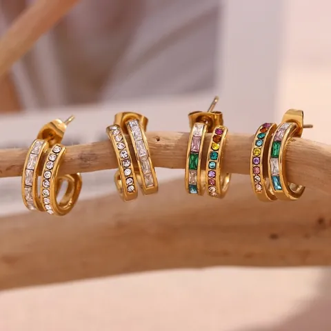 Pendientes De Aro En C Acero Inoxidable Chapado En Oro De 18K Doble Capa Circonita Joyería Retro Para Mujer